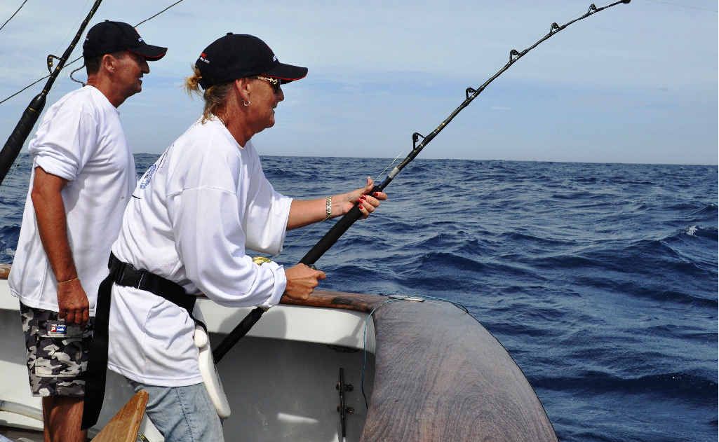 Jetty Boating co-owner Karen Goodwin hooks up at the Port Stephen’s Gaming Fishing Tournament. Jetty Boating co-owner Karen Goodwin hooks up at the Port Stephen’s Gaming Fishing Tournament.